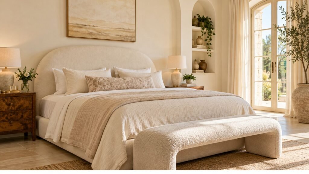 Traditional cream bedroom with elegant white wall paneling, a carved dark wood bed, antique furniture, and tall sash windows.