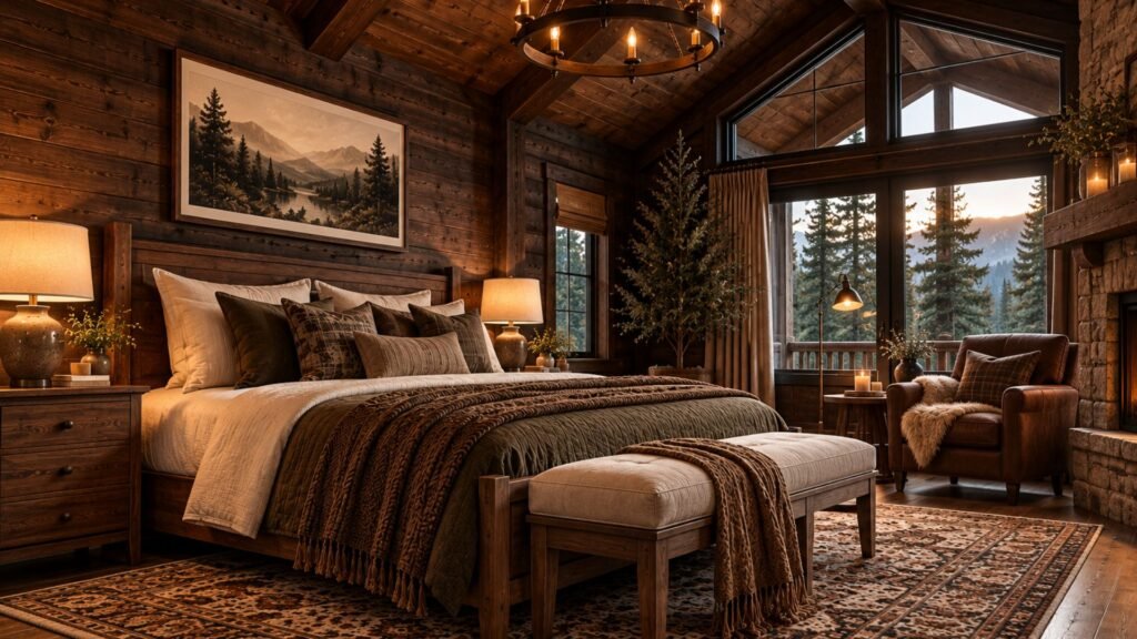 Rustic cabin bedroom with dark brown timber walls, exposed roof beams, wool bedding, and a forest-facing window.