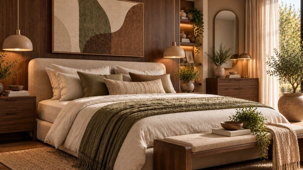 Moody organic modern bedroom with dark walnut furniture, warm taupe walls, mushroom linen bedding, and sculptural bronze lighting.