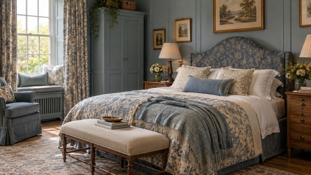 Traditional English country bedroom with dusty blue floral wallpaper, antique dark wooden bed, painted blue window trim, vintage floral curtains, and layered cotton bedding.