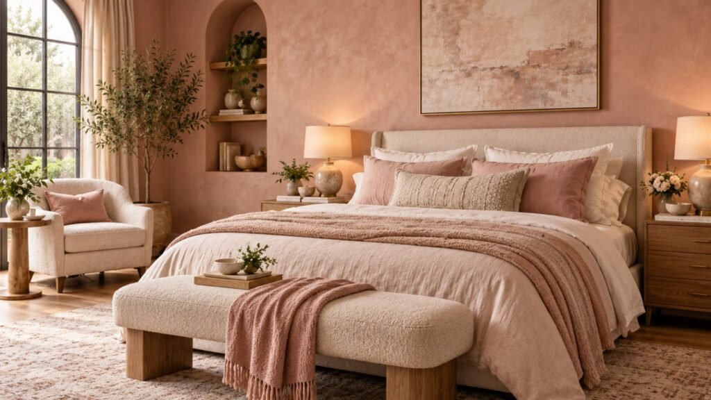 Organic modern bedroom with dusty blush limewash-style plaster walls, a low ivory linen bed, travertine bedside table, pale oak flooring, and sculptural ceramic lighting.