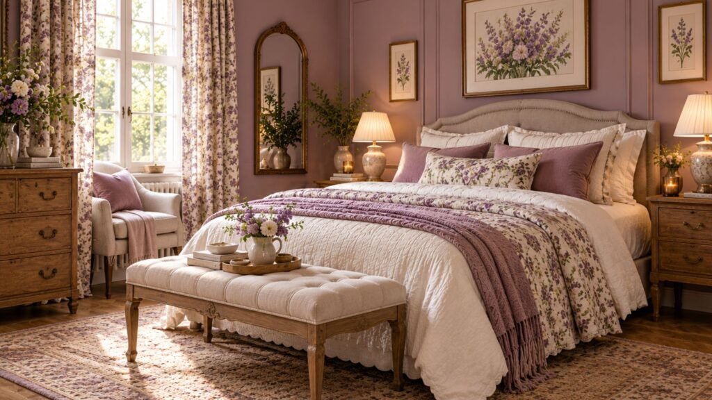 English country bedroom with dusty mauve walls, floral textiles, antique wooden furniture and softly patterned curtains.