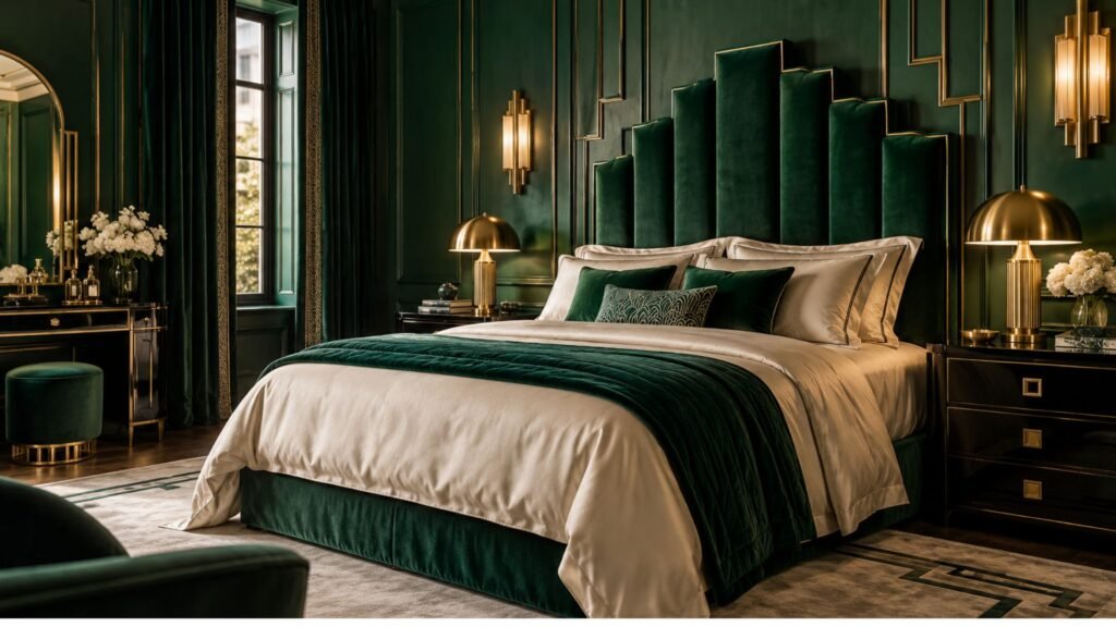 Emerald green Art Deco bedroom with a geometric velvet headboard, black lacquer furniture, brass details, and decorative architectural molding.
