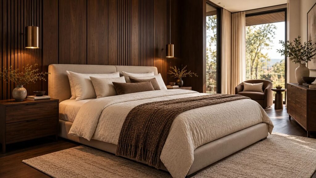 Modern brown bedroom with espresso-stained wood paneling, low ivory bed, minimalist furniture, and architectural window lighting.