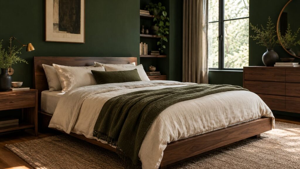 Forest green bedroom with rich painted walls, low walnut platform bed, cream linen bedding, and warm wood furniture.
