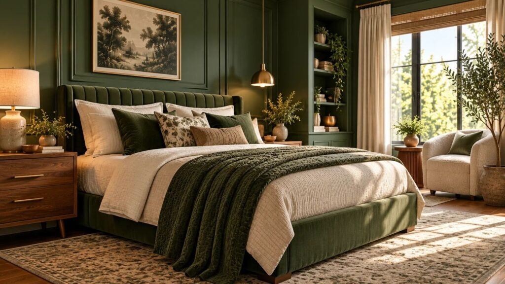 Green bedroom ideas featuring rich forest-green architectural walls, a distinctive upholstered bed, warm walnut furniture, and contrasting ivory bedding.
