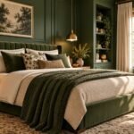 Green bedroom ideas featuring rich forest-green architectural walls, a distinctive upholstered bed, warm walnut furniture, and contrasting ivory bedding.