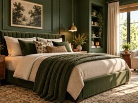 Green bedroom ideas featuring rich forest-green architectural walls, a distinctive upholstered bed, warm walnut furniture, and contrasting ivory bedding.