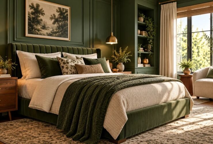Green bedroom ideas featuring rich forest-green architectural walls, a distinctive upholstered bed, warm walnut furniture, and contrasting ivory bedding.