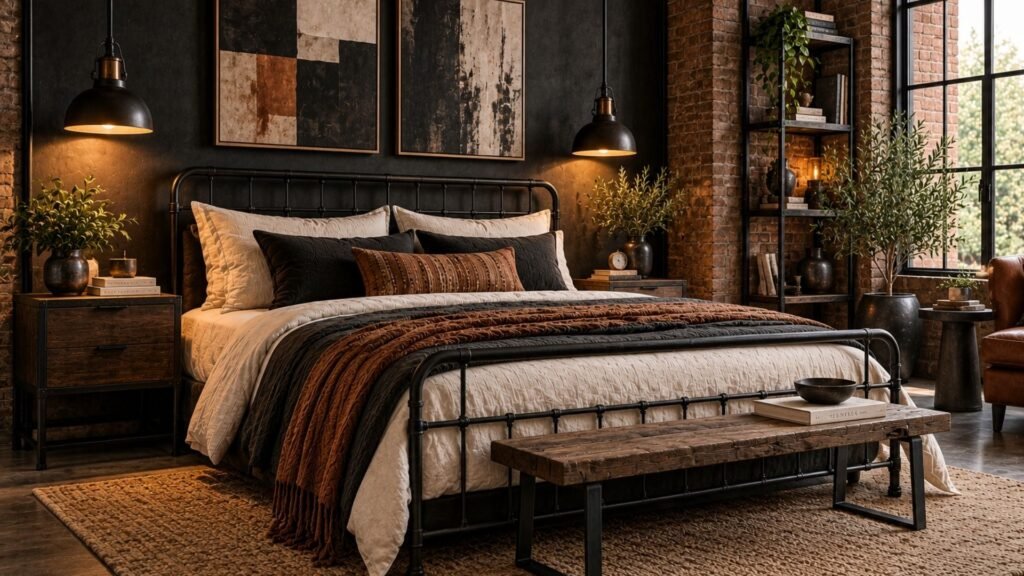 Industrial black bedroom with black steel bed frame, exposed brick walls, concrete flooring, and vintage metal pendant lighting.