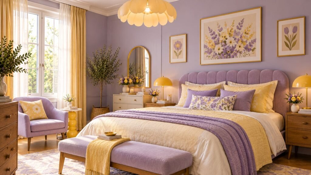 Retro bedroom with lavender walls, butter yellow upholstered bed, vintage wooden furniture and playful geometric accents.