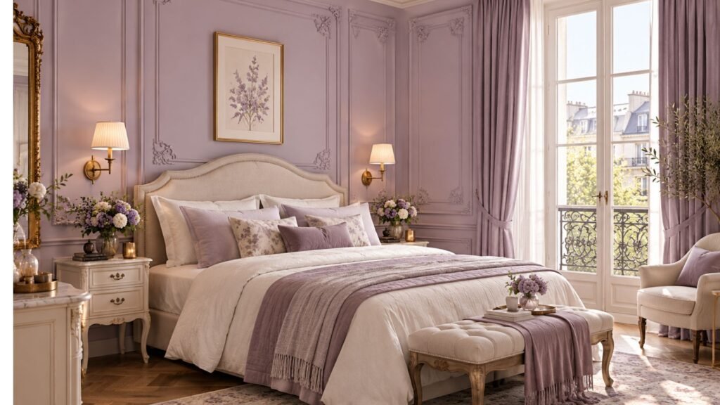 Elegant Parisian bedroom with lavender walls, decorative molding, cream upholstered bed and antique brass lighting.