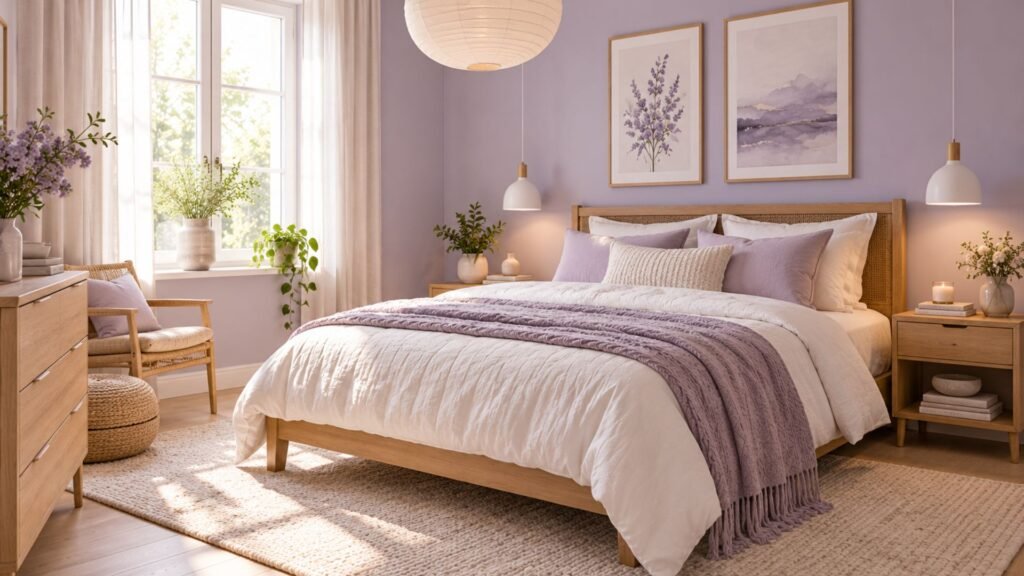 Minimal Scandinavian bedroom with pale lilac walls, natural oak furniture, white linen bedding and simple pendant lighting.