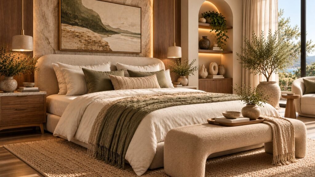 Luxury organic modern bedroom with oversized cream upholstered bed, textured plaster walls, natural stone furniture, and layered neutral textiles.