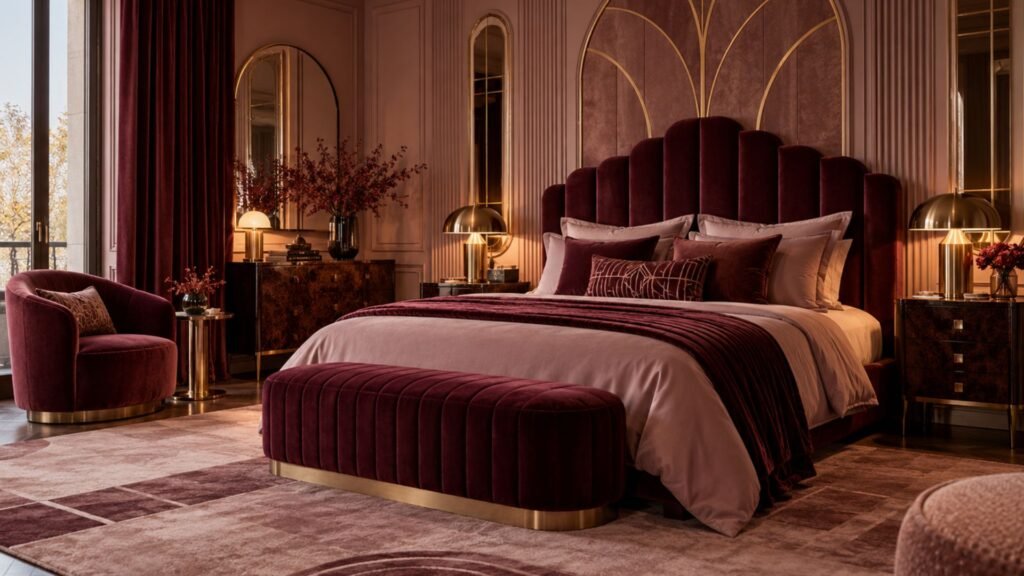 Glamorous Art Deco bedroom with muted mauve walls, burgundy velvet headboard, curved dark wood furniture, smoked glass lighting, and a geometric patterned rug.