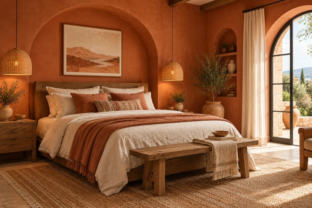Mediterranean bedroom with textured terracotta plaster walls, arched alcove, rustic wooden bed, and woven pendant lighting.