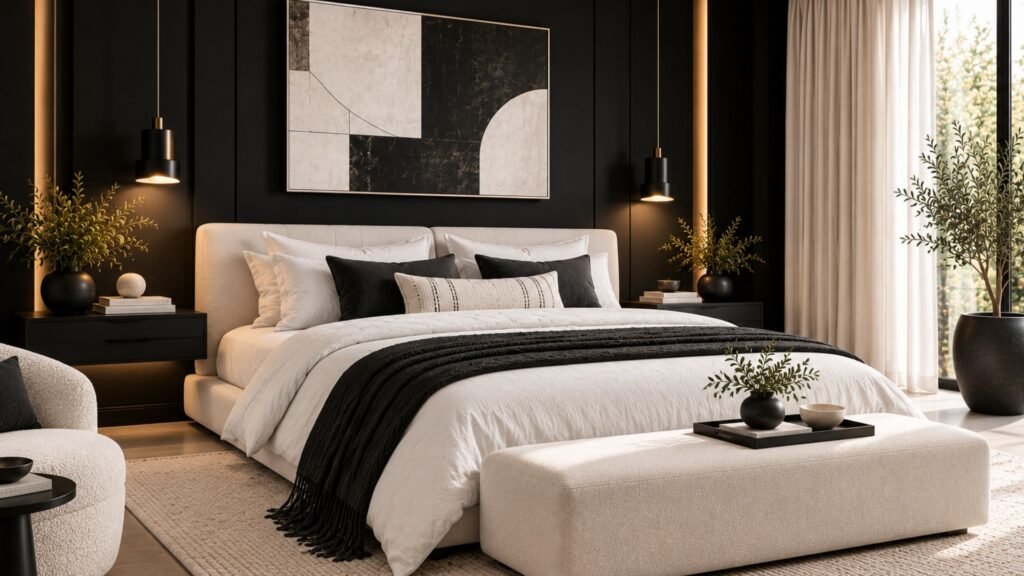 Minimalist black and white bedroom with matte black accent wall, low white platform bed, crisp white bedding, and streamlined lighting.