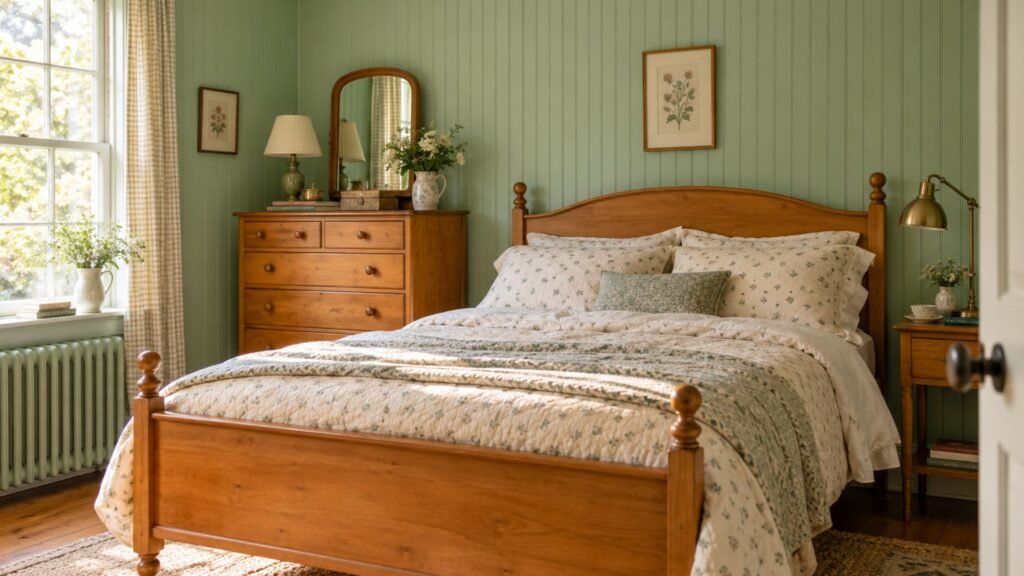 Vintage mint green bedroom with painted beadboard walls, a maple wooden bed, retro dresser, and softly patterned cotton bedding.