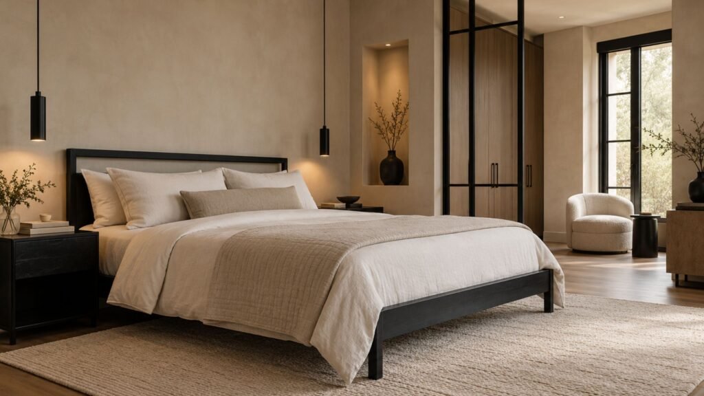 Modern beige bedroom with warm plaster walls, black metal bed frame, architectural lighting and minimalist furniture.