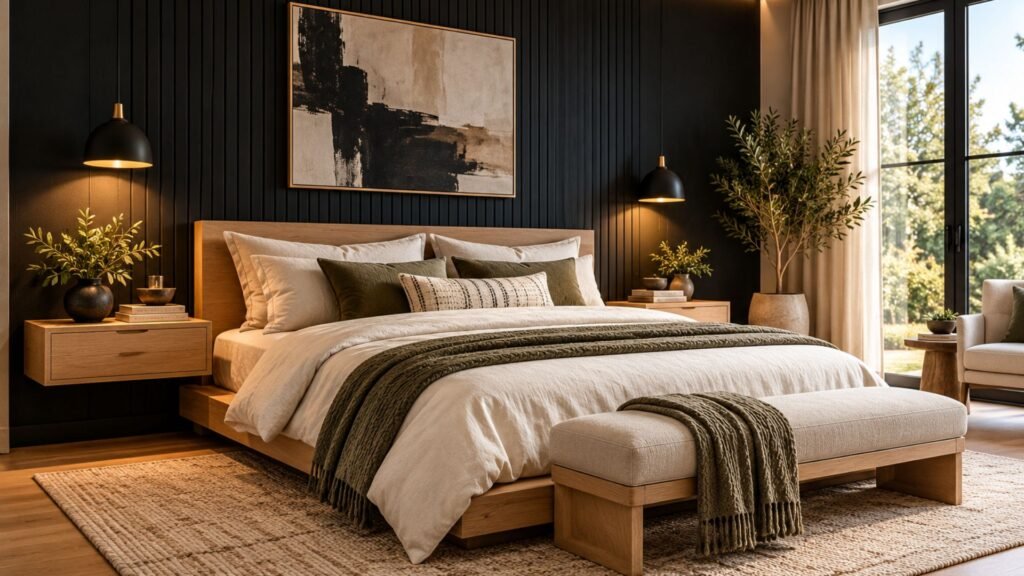 Modern black bedroom with matte black accent wall, natural oak platform bed, floating wooden nightstands, and cream linen bedding.