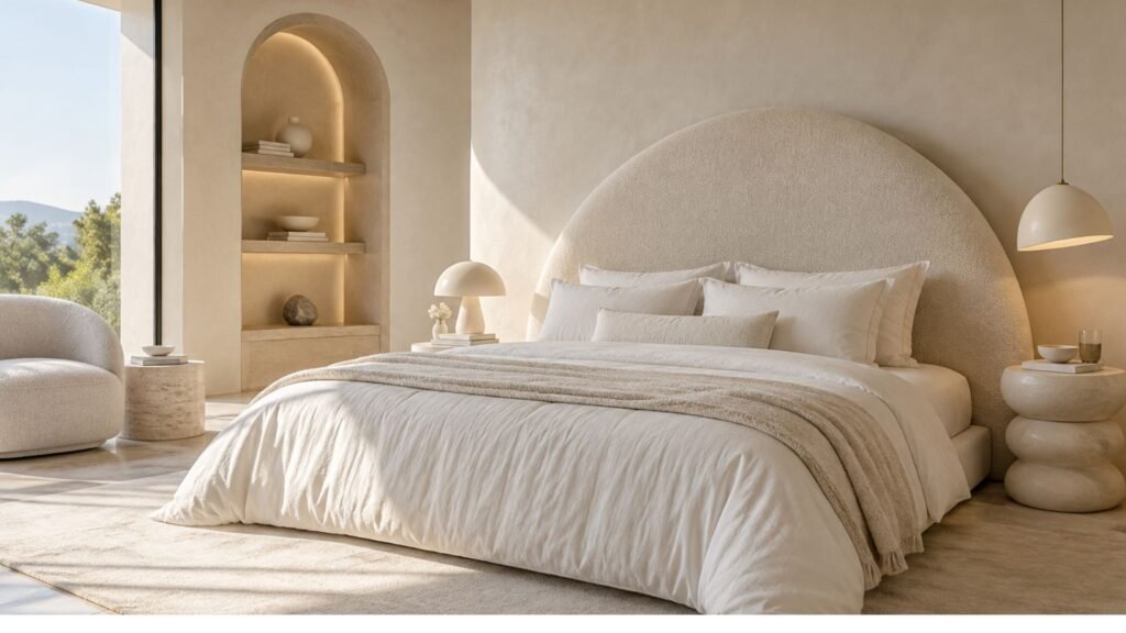 Modern cream bedroom with a circular upholstered headboard, curved architectural detailing, sculptural lighting, and pale ivory furnishings.