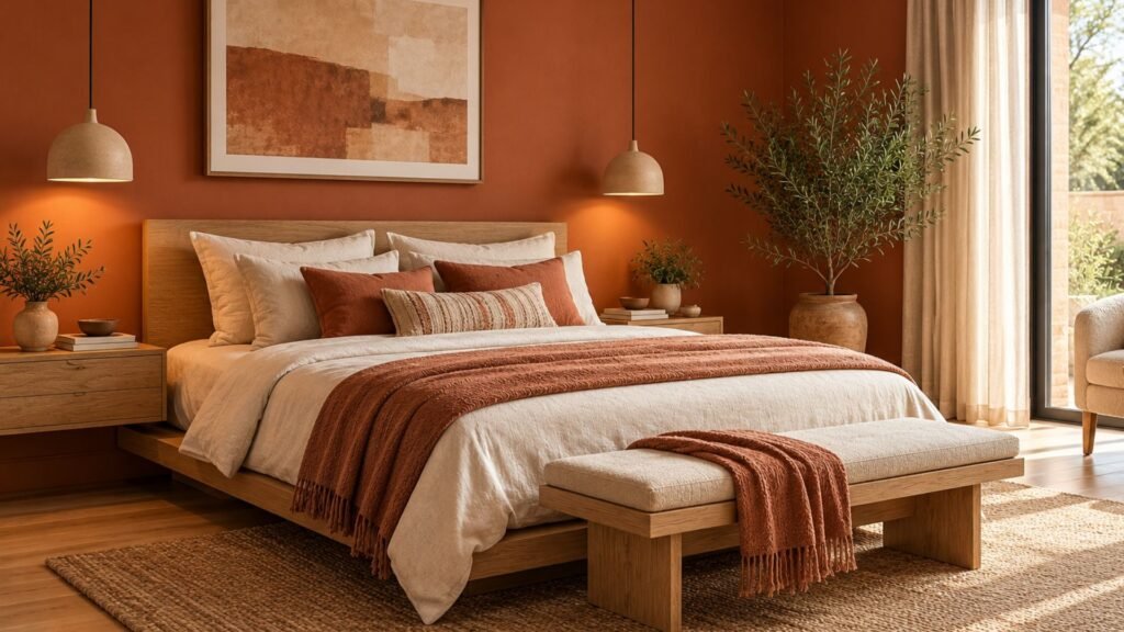 Modern terracotta bedroom with clay-colored walls, natural oak platform bed, cream linen bedding, and minimalist lighting.