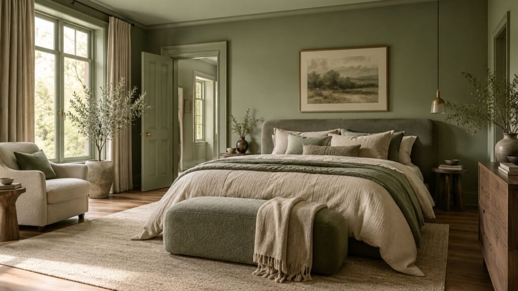 Contemporary monochromatic bedroom with sage green walls and ceiling, tonal green upholstered bed, painted doors, and layered oatmeal textiles.
