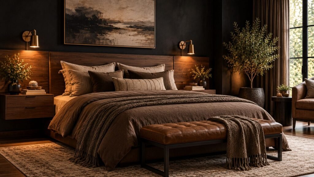 Moody black bedroom with deep charcoal walls, dark walnut headboard, chocolate brown textiles, and warm brass bedside lighting.