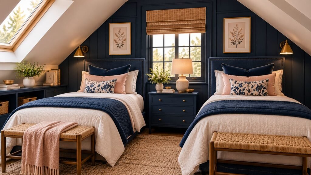 Charming attic guest bedroom with two navy upholstered twin beds beneath sloped ivory ceilings, exposed oak beams, a shared antique nightstand, and striped bedding.