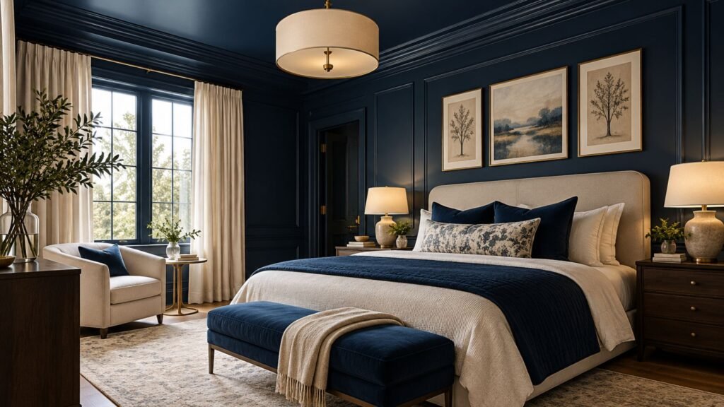Contemporary bedroom with a dramatic navy painted ceiling, tall warm-white walls, light oak platform bed, oversized sculptural pendant, and large windows.
