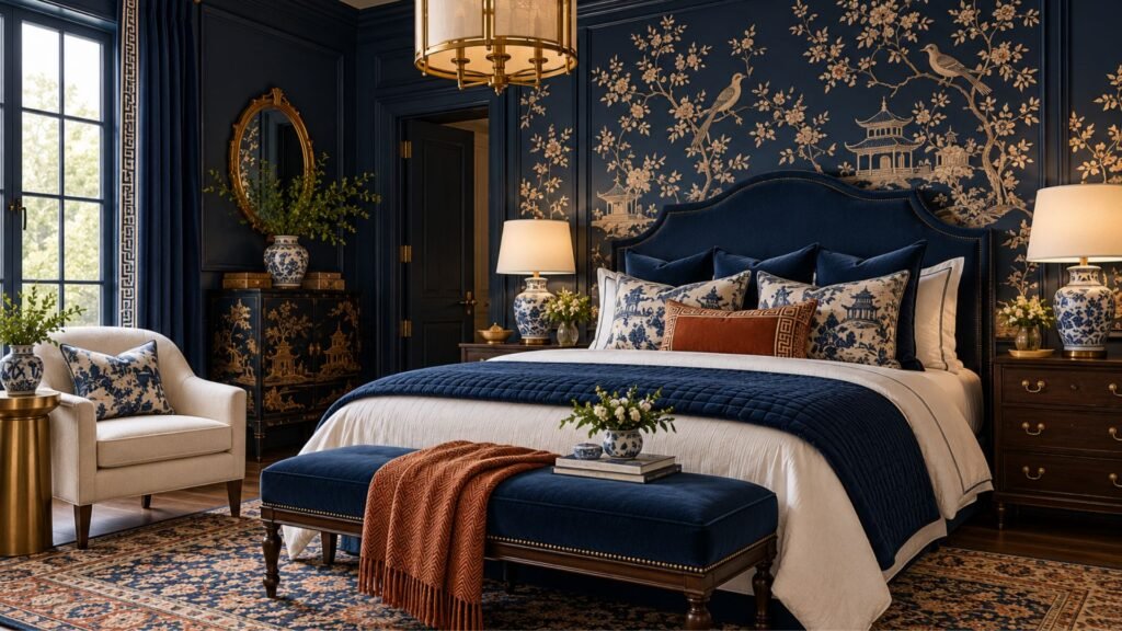 Traditional vintage bedroom with dramatic navy chinoiserie wallpaper, delicate flowering branches and birds, an antique mahogany bed, cream silk curtains, and brass picture lights.