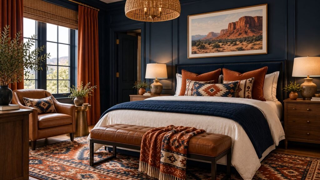 Contemporary Southwestern bedroom with a navy upholstered bed, warm adobe walls, rust-colored woven textiles, sculptural wooden furniture, and desert-inspired artwork.