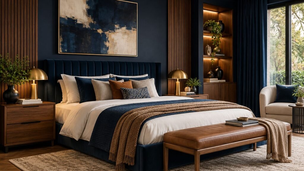 Contemporary luxury bedroom with navy upholstered architectural wall panels, rich walnut cabinetry, a cream platform bed, bronze pendant lights, and illuminated shelving.
