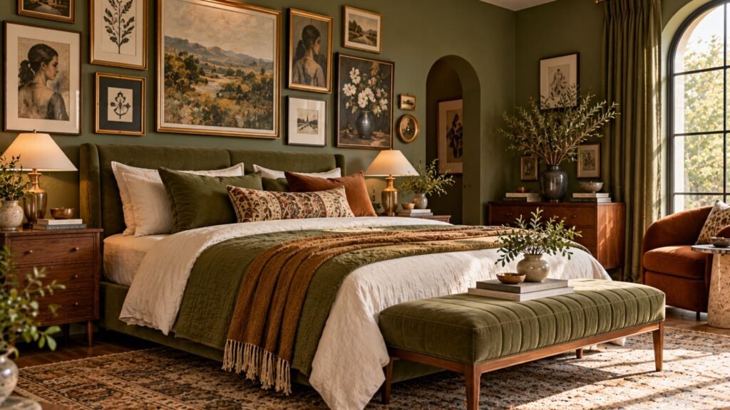 Creative contemporary bedroom with olive green walls, oversized abstract artwork, sculptural white bed, cherry-red accent stool, and gallery-style picture lighting.