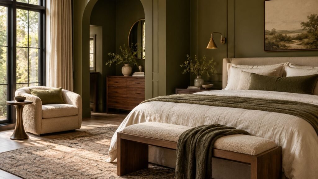 Sophisticated olive green bedroom ideas with rich olive walls, sculptural oak furniture, ivory bedding, warm brass lighting, and a contemporary architectural interior.