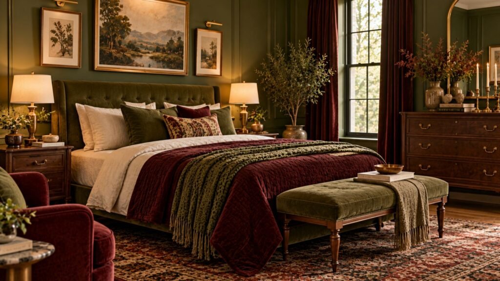 Moody vintage bedroom with deep olive green walls, burgundy velvet bedding, antique mahogany furniture, brass picture lights, and a traditional patterned rug.