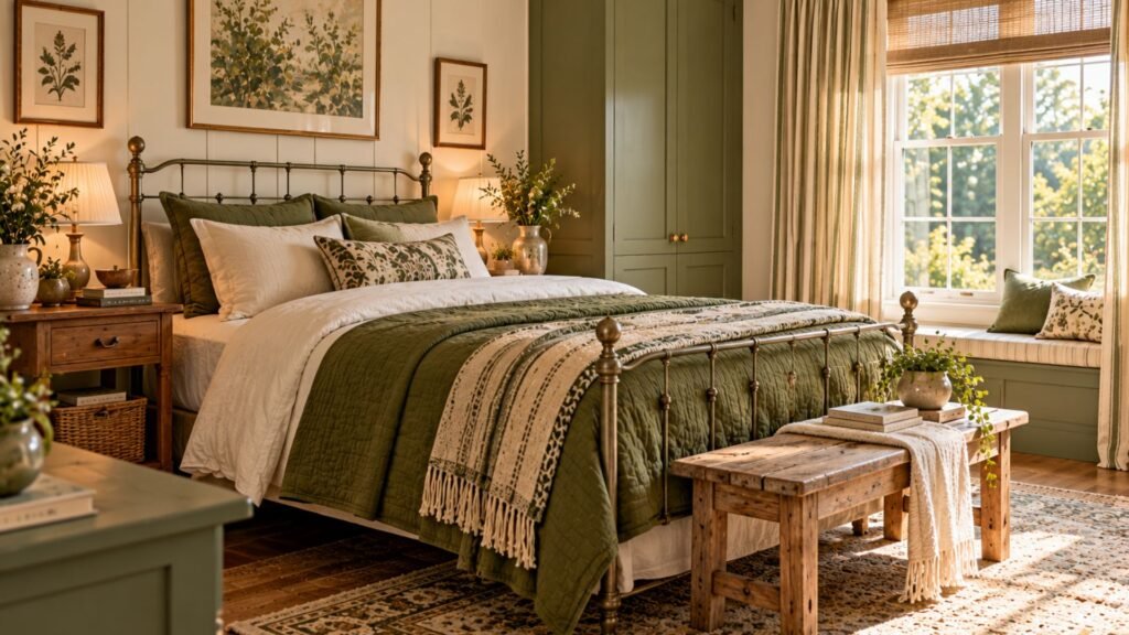 Bright cottage bedroom with warm white paneled walls, an antique painted iron bed, olive green quilted bedding, striped curtains, and a small wooden bedside table.