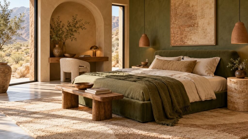 Desert-modern bedroom with muted olive wall panels, a saddle leather platform bed, adobe-toned walls, woven artwork, and large windows overlooking an arid landscape.