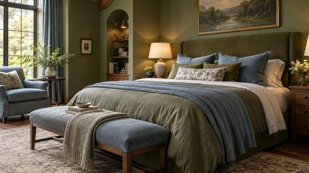 Soft contemporary bedroom with muted olive walls, faded blue upholstered reading chair, cream linen bedding, pale oak furniture, and abstract blue-green artwork.