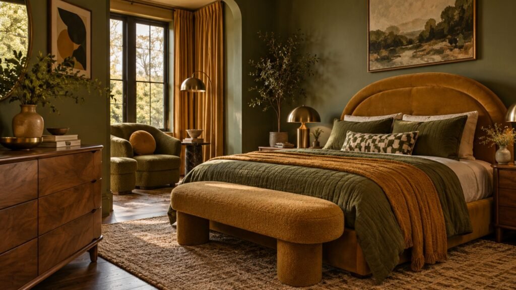 Bold 1970s-inspired bedroom with olive green geometric wall treatment, ochre upholstered bed, curved honey-oak furniture, smoked glass lighting, and a graphic patterned rug.