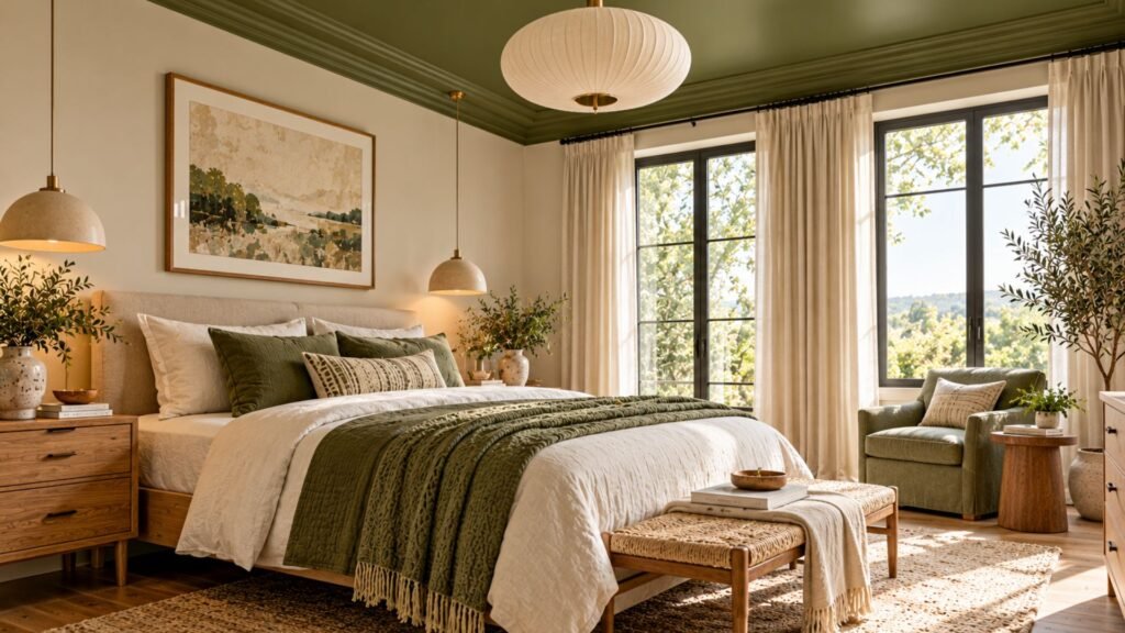 Airy contemporary bedroom with a dramatic olive green painted ceiling, warm white walls, tall windows, pale oak bed, and sculptural pendant lighting.
