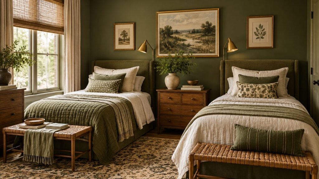 Elegant guest bedroom with two matching wooden twin beds, olive green lower wall paneling, cream striped bedding, shared vintage nightstand, and brass wall sconces.