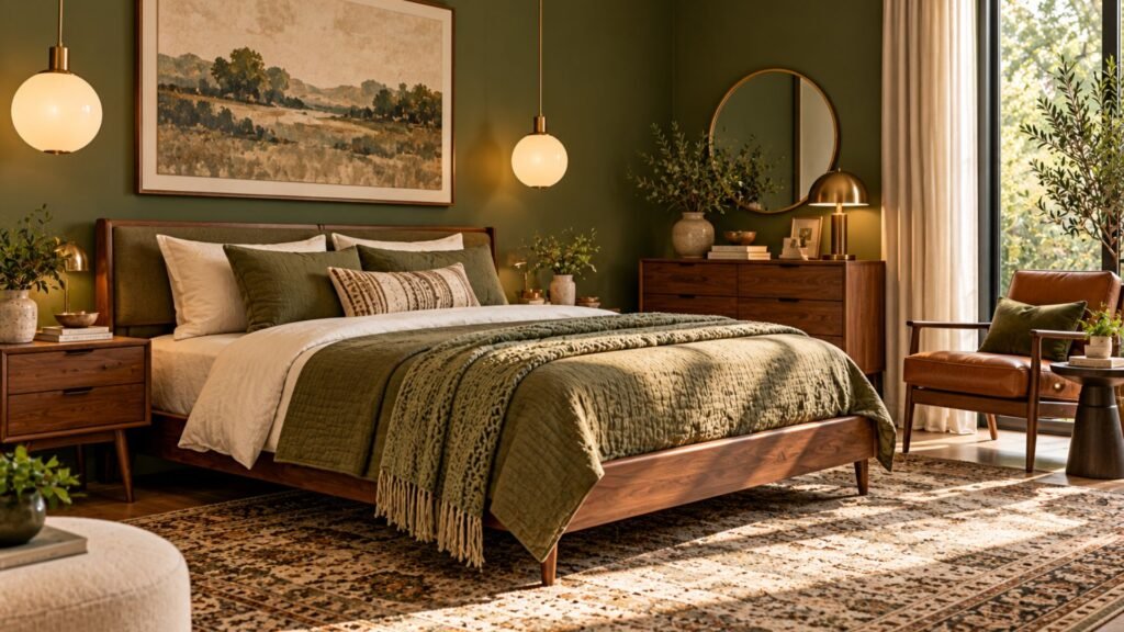 Mid-century modern bedroom with rich olive green walls, a low walnut bed, vintage globe pendant, cognac leather chair, and patterned wool rug.