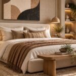 Organic modern bedroom ideas featuring natural oak furniture, textured cream walls, layered linen bedding, and sculptural lighting.