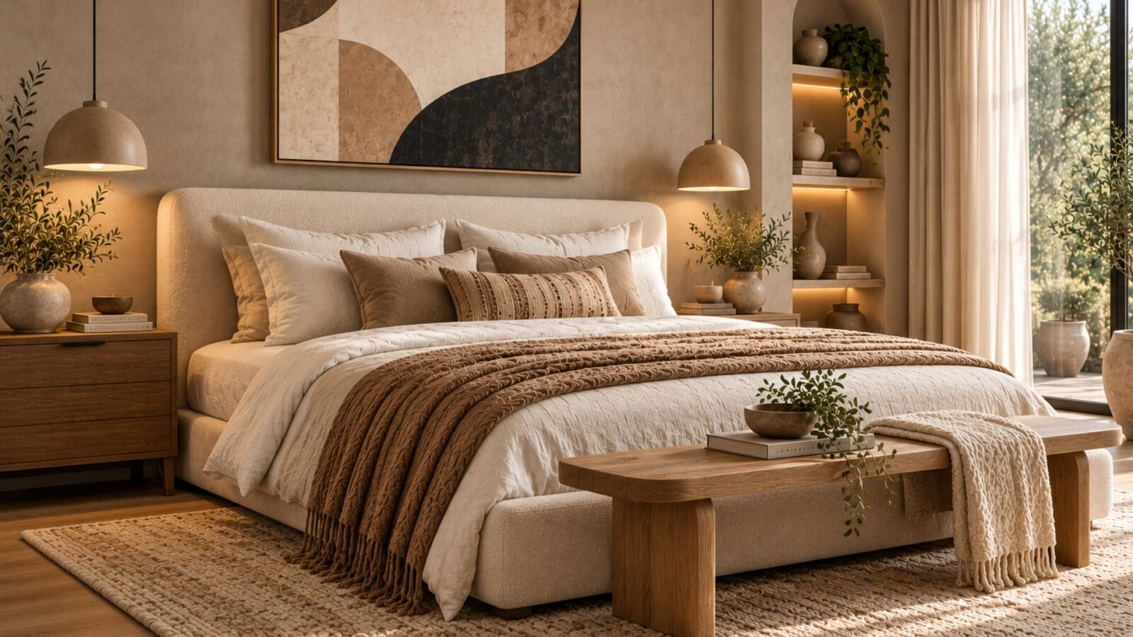 Organic modern bedroom ideas featuring natural oak furniture, textured cream walls, layered linen bedding, and sculptural lighting.