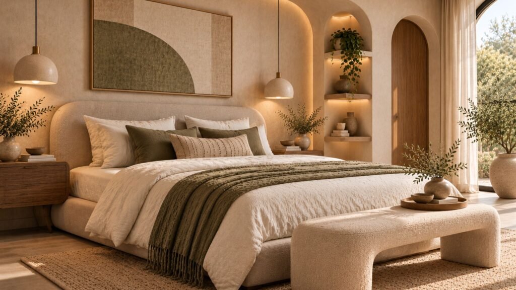 Organic modern bedroom with sculptural curved plaster feature wall, neutral upholstered bed, warm oak furniture, and minimalist lighting.