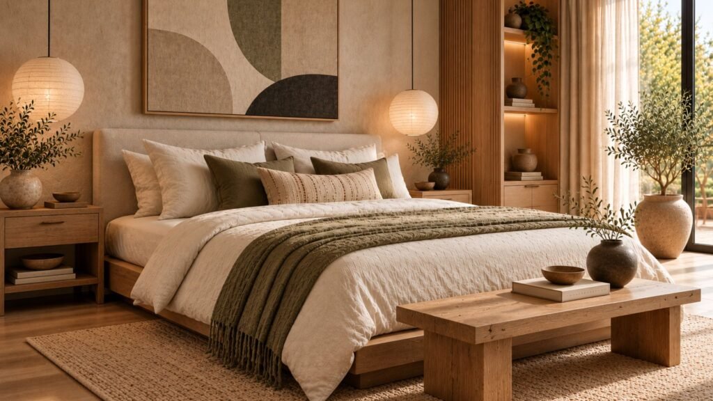 Minimalist organic modern bedroom with low timber platform bed, pale plaster walls, linen bedding, and Japanese-inspired furniture.
