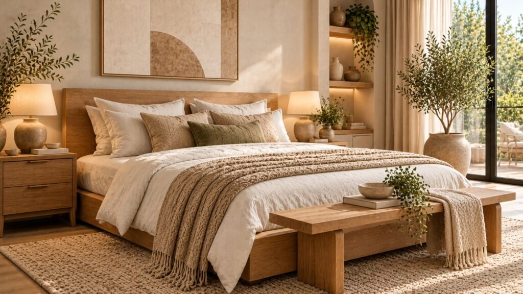 Organic modern bedroom with natural oak platform bed, cream linen bedding, warm white walls, and sculptural ceramic lighting.