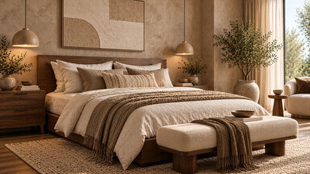 Organic modern bedroom with textured beige plaster walls, walnut bed frame, oatmeal linen bedding, and natural wool rug.