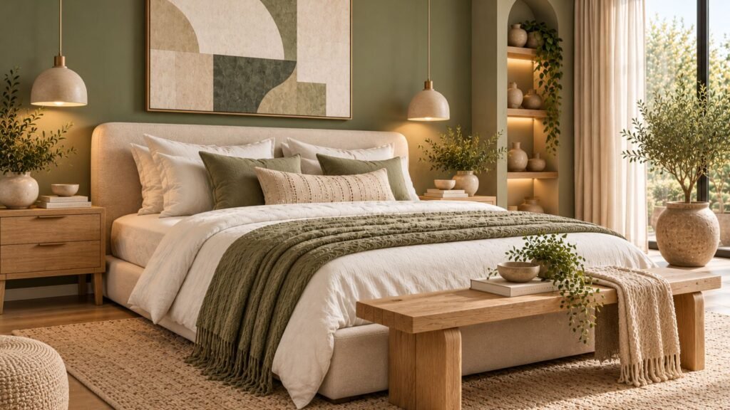 Sage green organic modern bedroom with pale oak furniture, cream bedding, natural woven textures, and soft daylight.